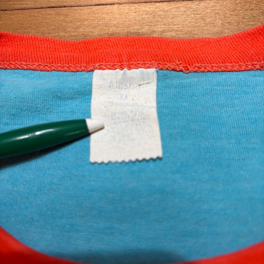 Vintage 70s 80s Ringer Tee Light Blue Orange Trim #12 Single Stitch T-Shirt - Picture 5 of 8